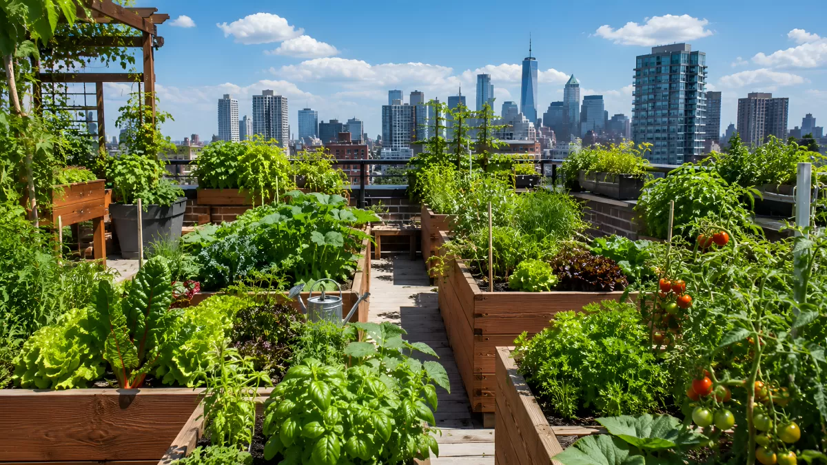 Urbaner Dachgarten mit Gemüsebeeten über Stadtsilhouette