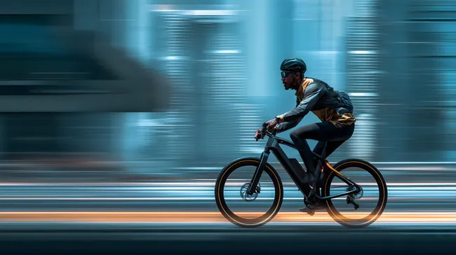 Urbaner Fahrradfahrer in Bewegung mit moderner Kulisse