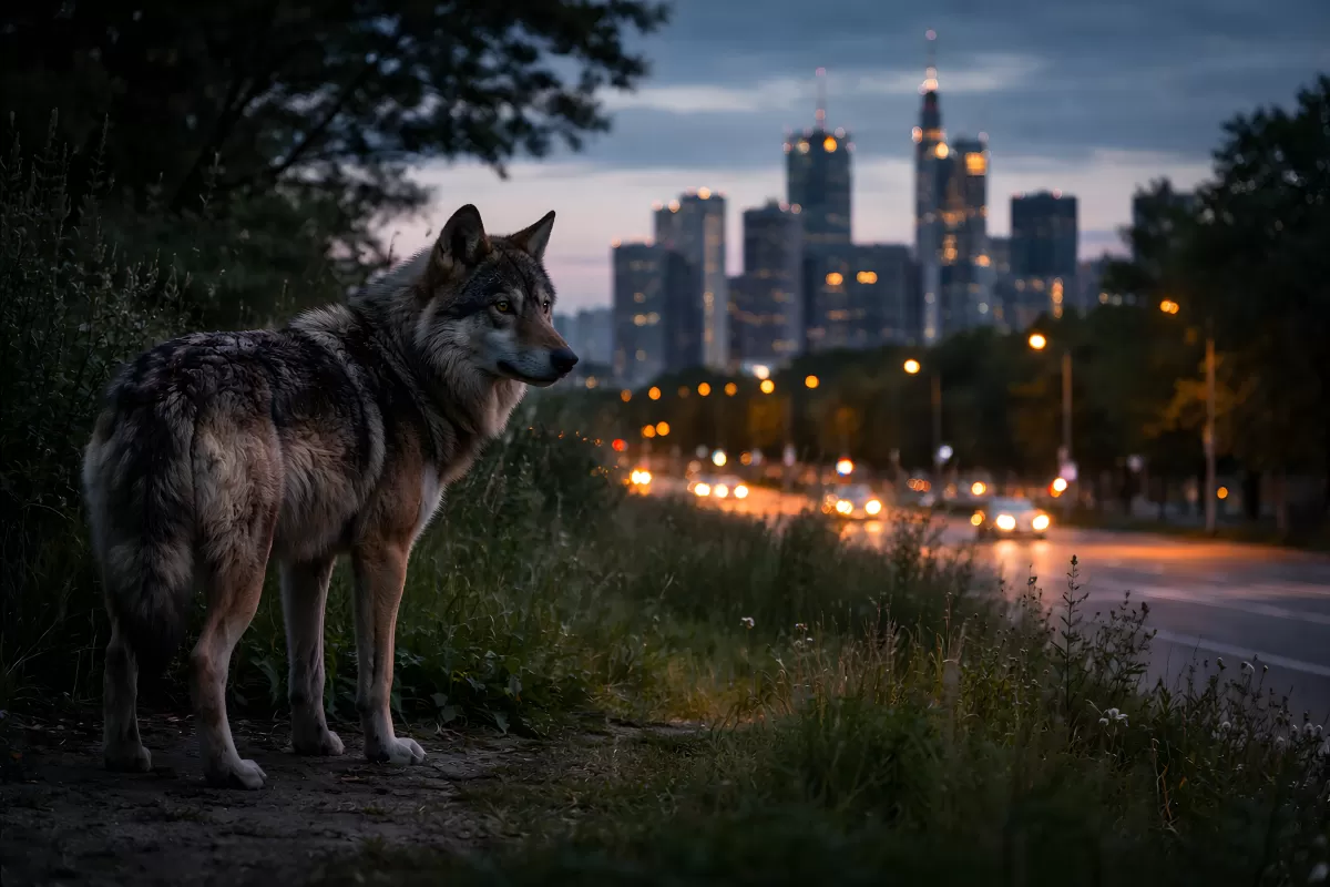 Urbaner Wolf beobachtet die nächtliche Skyline