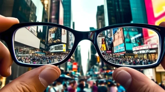 Urbanes Leben durch Brillengläser betrachtet