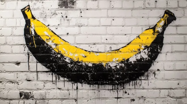Urbanes Street-Art-Graffiti einer Banane auf weißer Ziegelmauer
