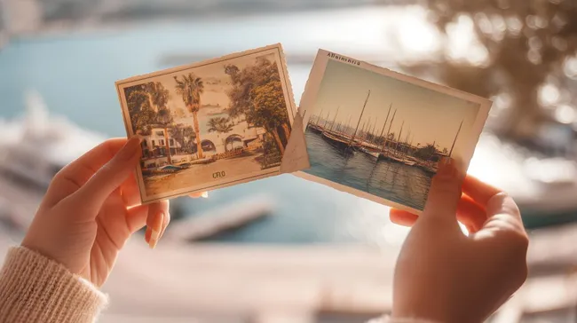 Urlaubserinnerungen auf vintage Postkarten im Sonnenuntergang