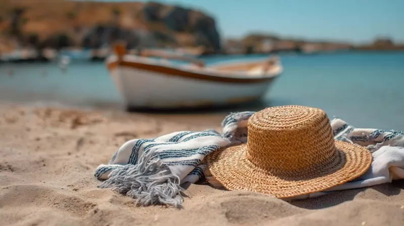 Urlaubsfeeling: Strohhut am Strand mit Boot im Hintergrund