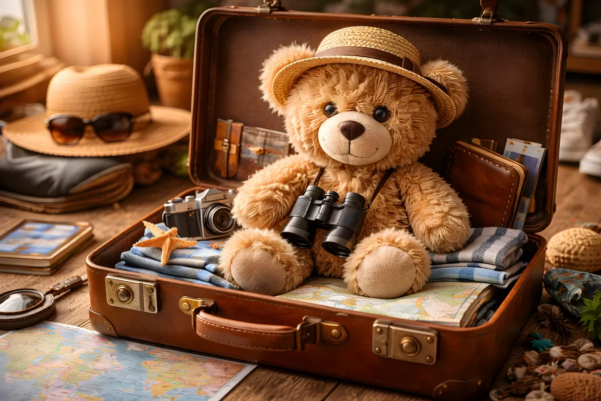 Urlaubskoffer mit Teddybär und Reiseutensilien