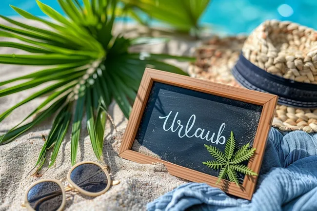 Urlaubskonzept mit tropischen Blättern und Accessoires