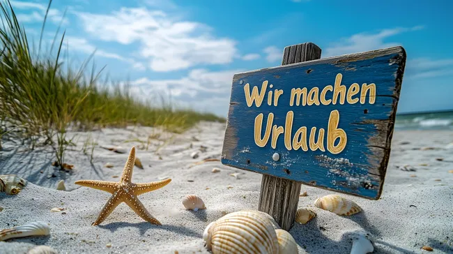 Urlaubsmotiv mit Muschelstrand und Holzschild