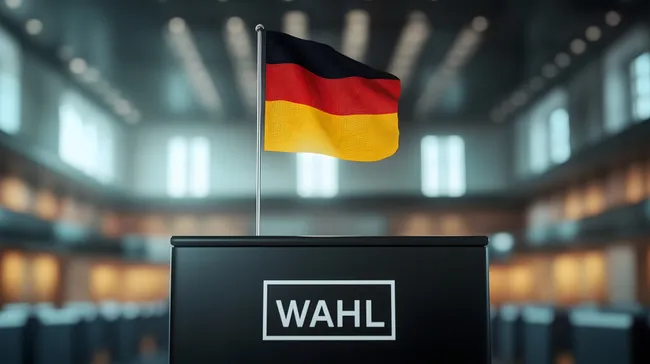 Urne mit deutscher Flagge in Wahlbüro