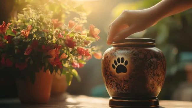 Urne mit Pfotenabdruck neben bunten Blüten