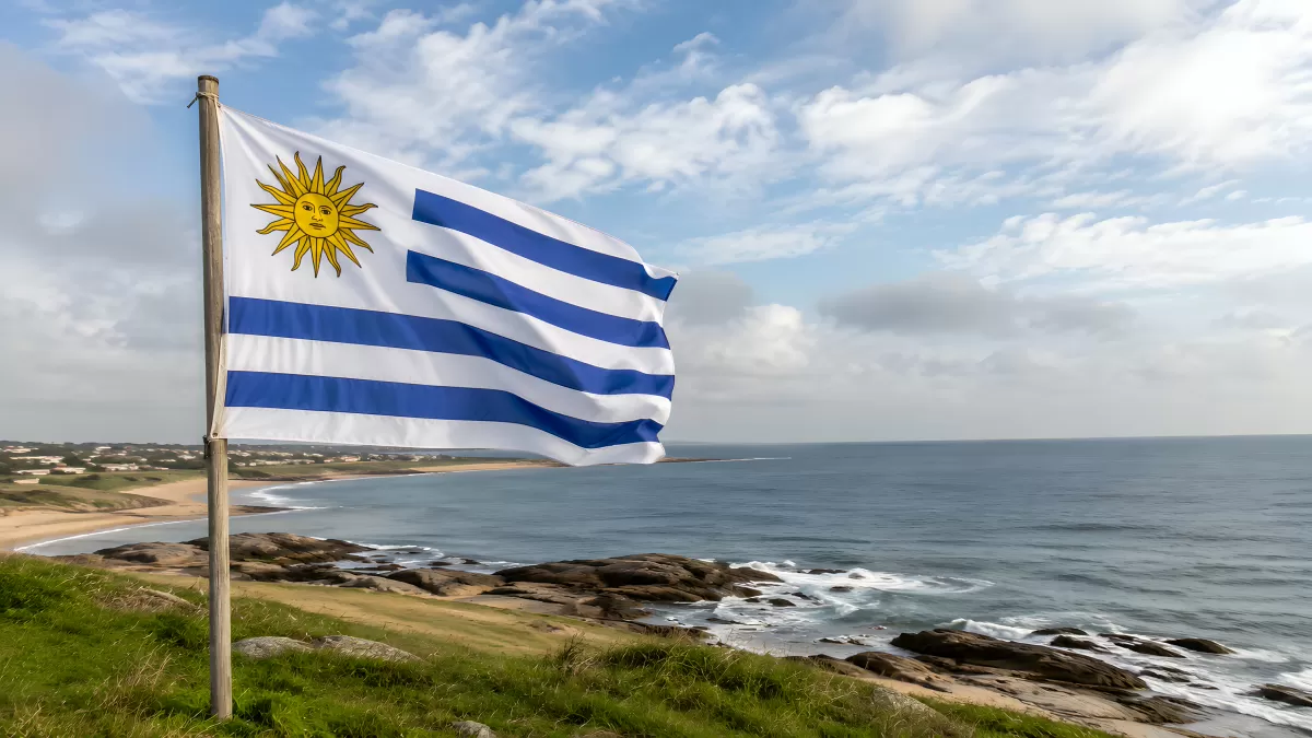 Uruguays Nationalflagge weht an felsiger Meeresküste