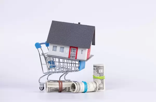 US dollar bills in rolls and miniature house with supermarket shopping cart