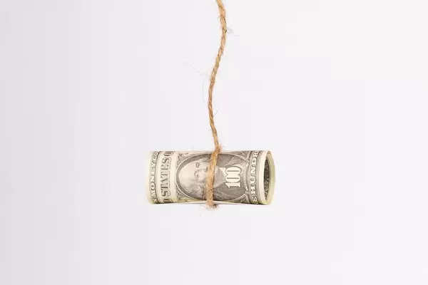 US dollar held by a rope isolated on white background