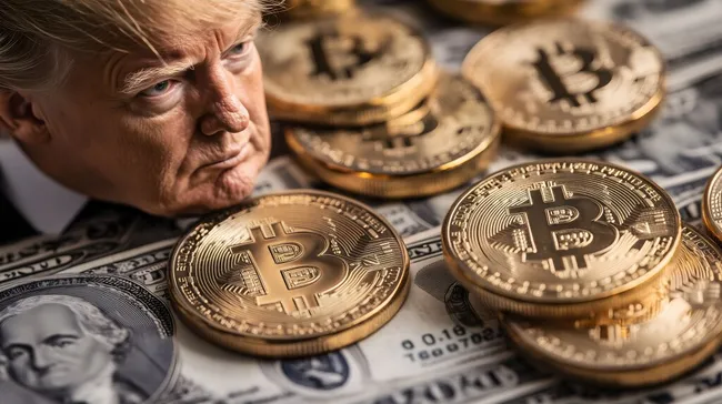 US-Dollar und Bitcoin-Münzen mit Donald Trump-Porträt