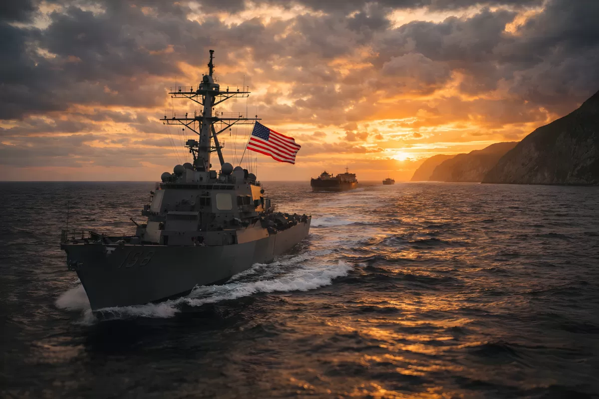 US-Kriegsschiff mit Flagge auf Straße von Hormus