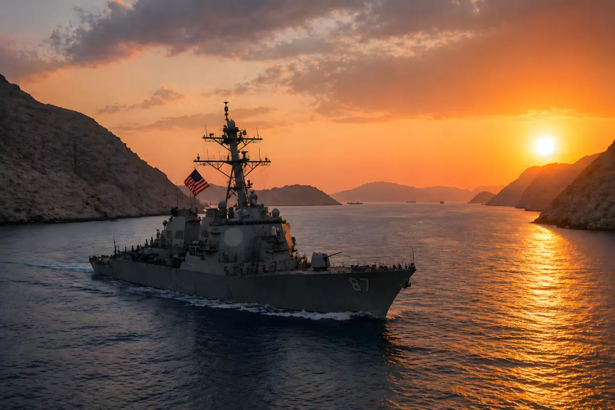 US Marine Kriegsschiff auf Strasse von Hormus im Sonnenuntergang