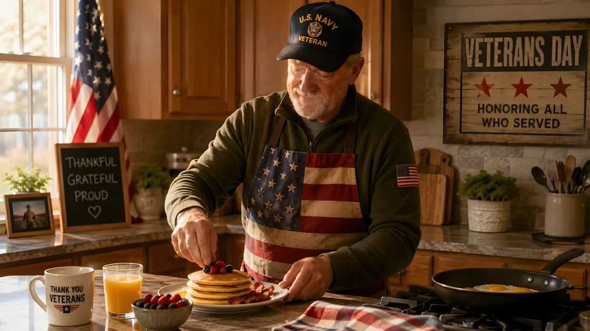 US-Navy-Veteran bereitet Frühstück am Veterans Day zu