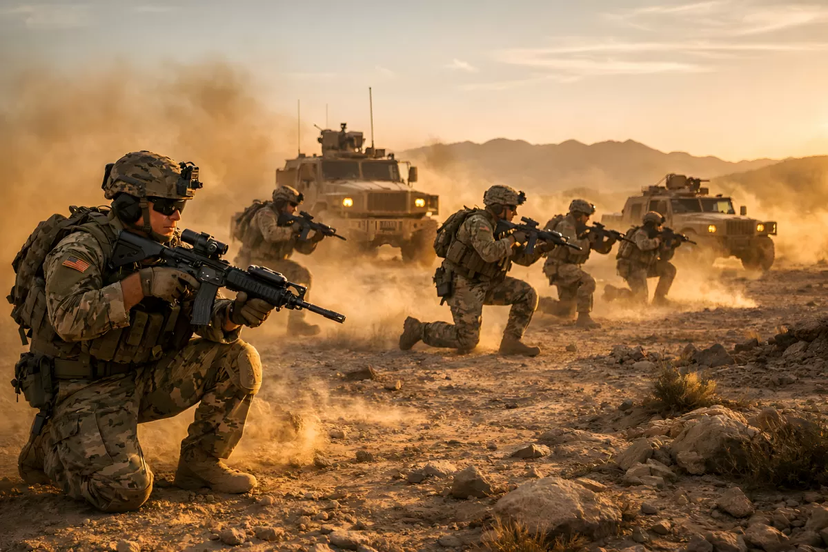 US-Soldaten im Gefecht in staubiger Wüstenlandschaft