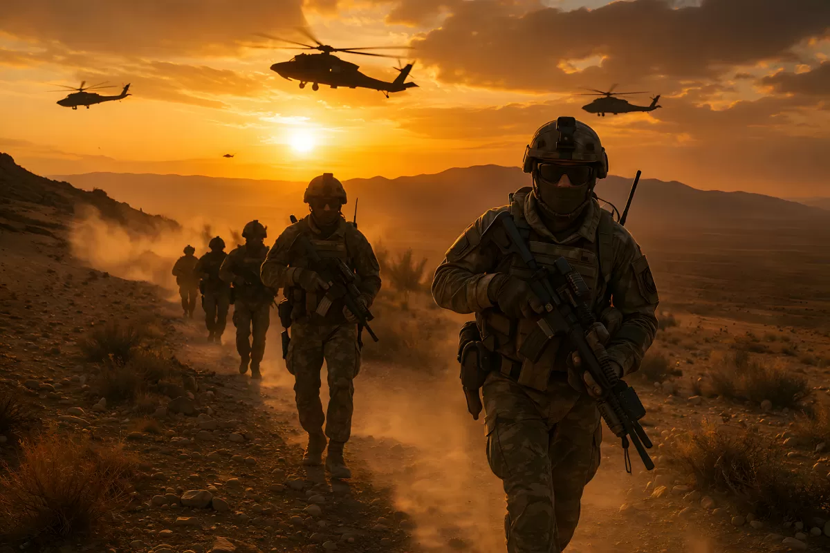 US-Soldaten in dramatischer Wüstenlandschaft bei Sonnenuntergang