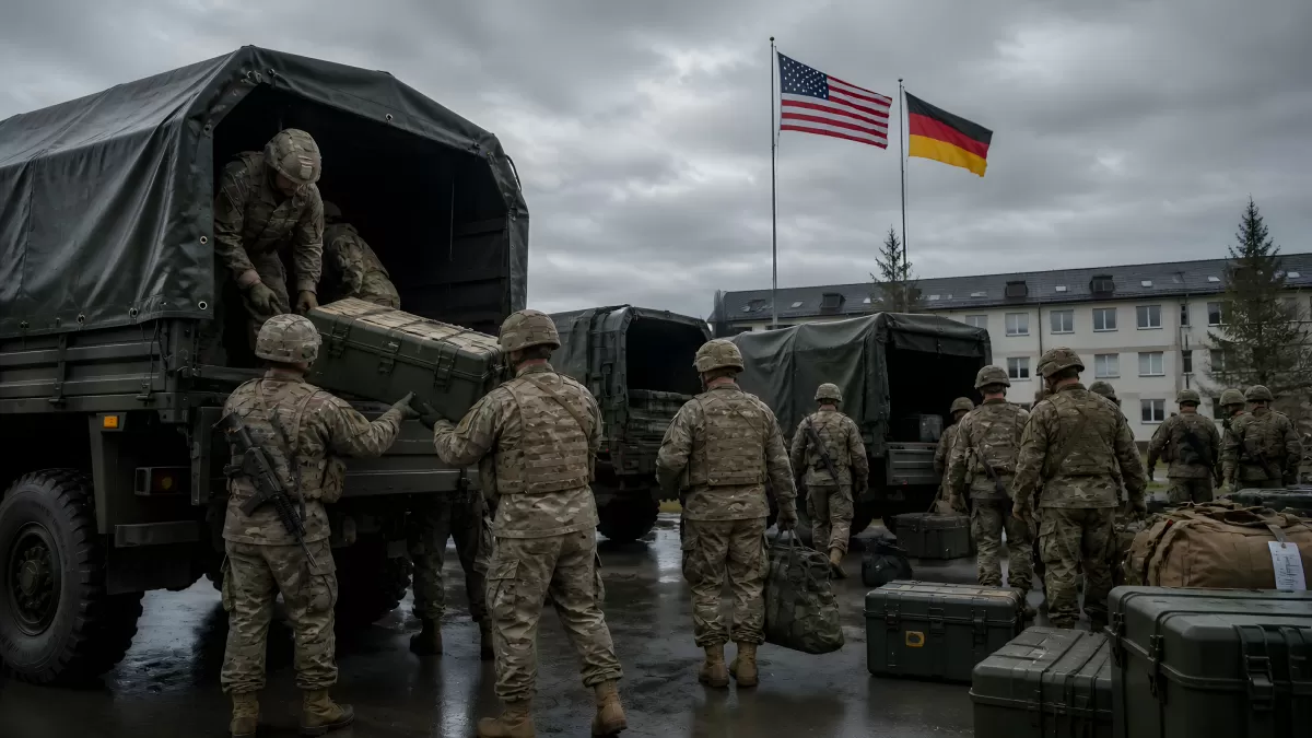 US-Soldaten verladen Ausrüstung auf Militärfahrzeuge in Deutschland