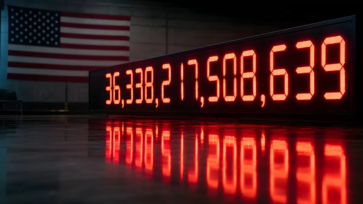 US-Staatsschulden auf rotem LED-Display mit Flagge