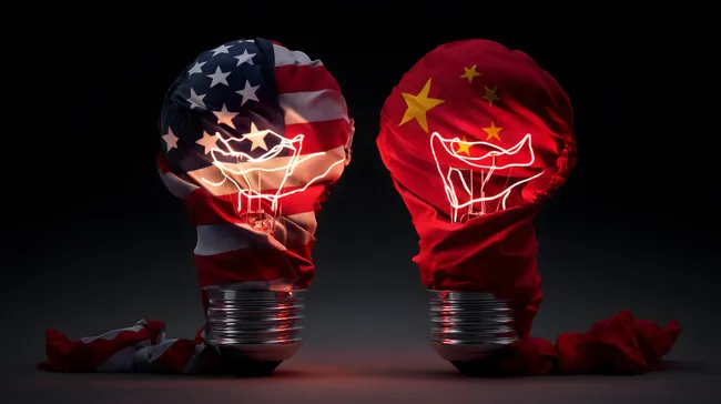 USA und China Flaggen in Glühbirnen - Handelskonflikt-Konzept