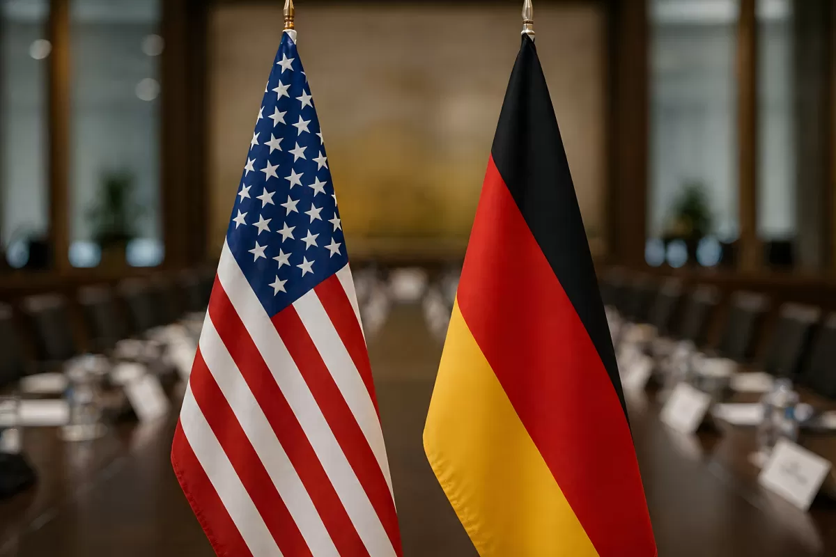 USA und Deutschland Fahnen bei diplomatischem Treffen