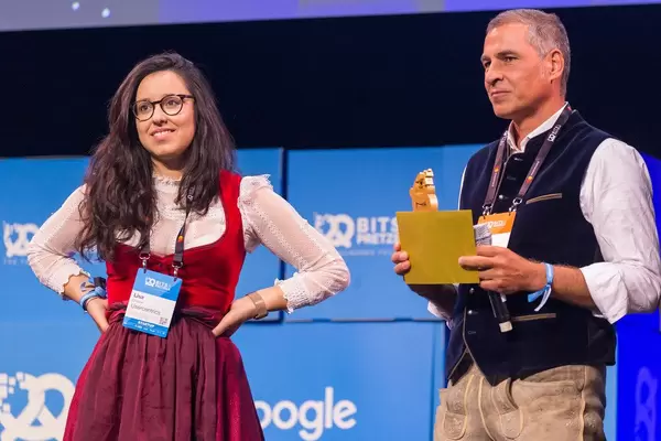 Usercentrics' Lisa Gradow waits for the announcement of the winner of the Pretzel Award 2019