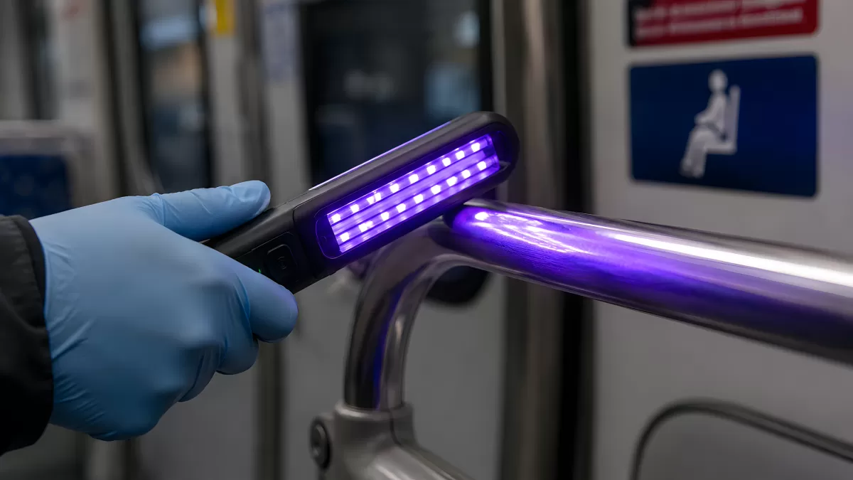 UV-Licht Desinfektion von Haltestangen in der U-Bahn