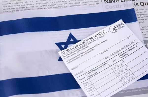 Vaccination record card with flag of Israel