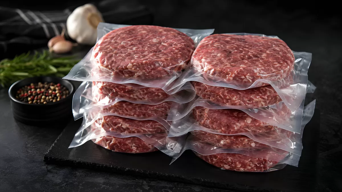 Vakuumverpackte Burger-Patties auf Schieferplatte