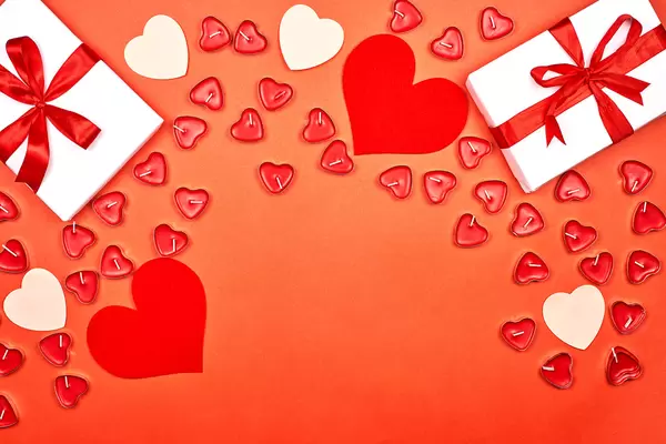 Valentine day, birthday, mother's day flat lay image with gift boxes and candles