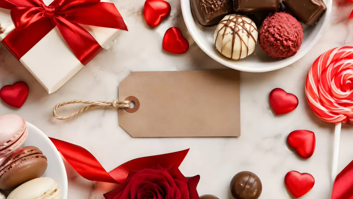 Valentinstag-Arrangement mit Pralinen und Geschenken
