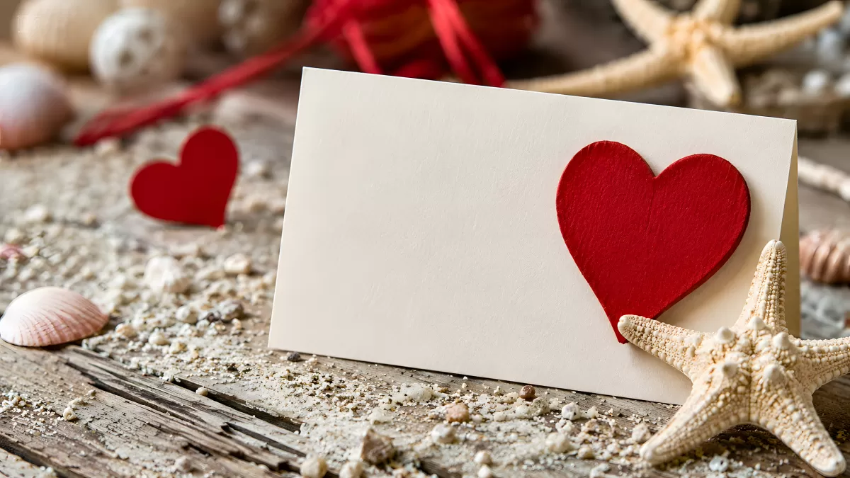 Valentinstagskarte mit roten Herzen und Meeresmuscheln