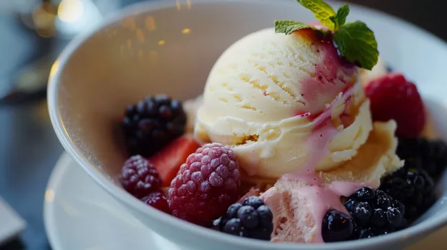 Vanilleeis mit frischen Beeren und Minze