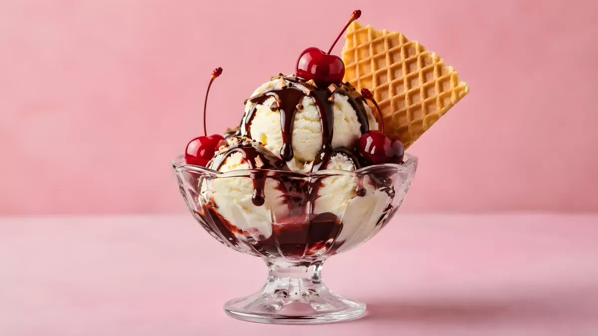 Vanilleeis-Sundae mit Schokosoße und Kirschen