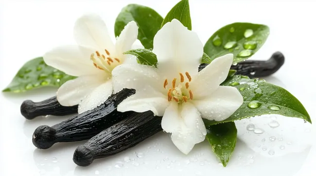 Vanilleschoten und Blüten mit Wassertropfen