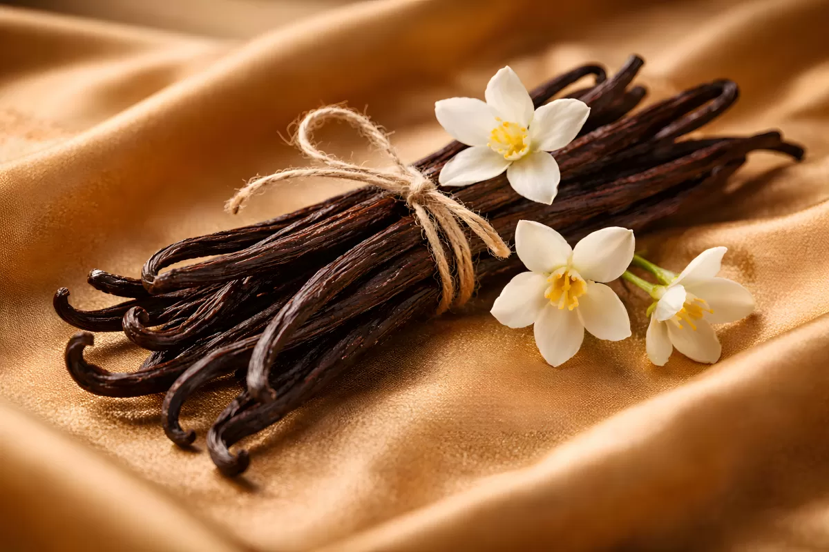 Vanilleschoten und Blumen auf goldenem Samt