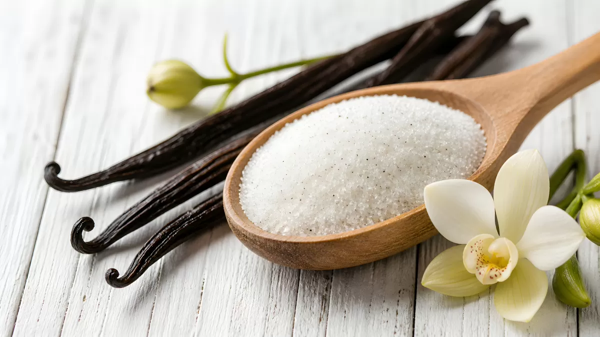 Vanillezucker auf Holzlöffel mit Vanilleschoten und Blüte