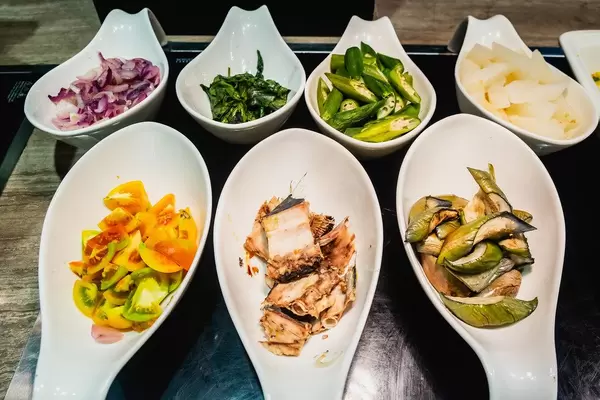 Various ingredients on serving plates