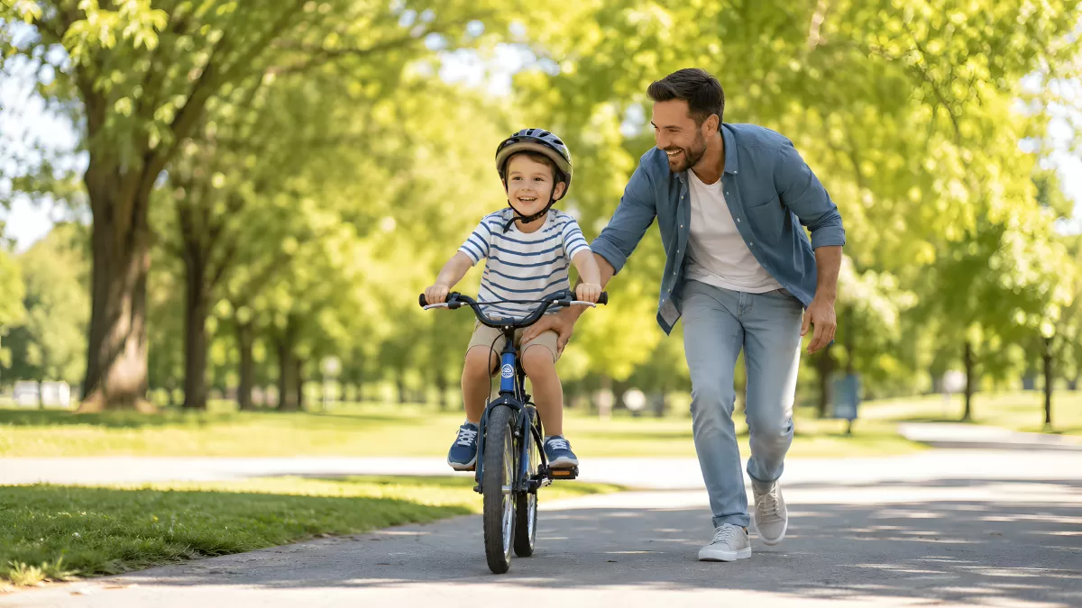 Vater bringt Sohn Fahrradfahren im Park bei