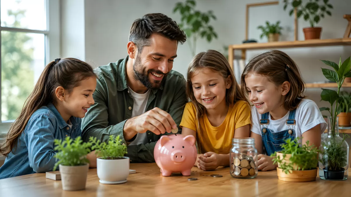 Vater erklärt Kindern das Sparen mit Sparschwein