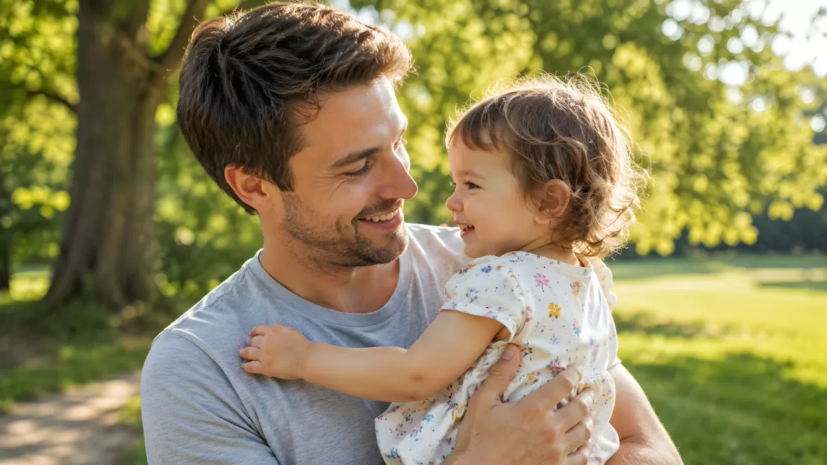Vater hält lachende Tochter im Arm im Park
