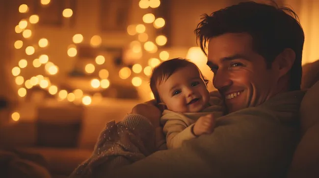 Vater hält lächelndes Baby im warmen Weihnachtsambiente