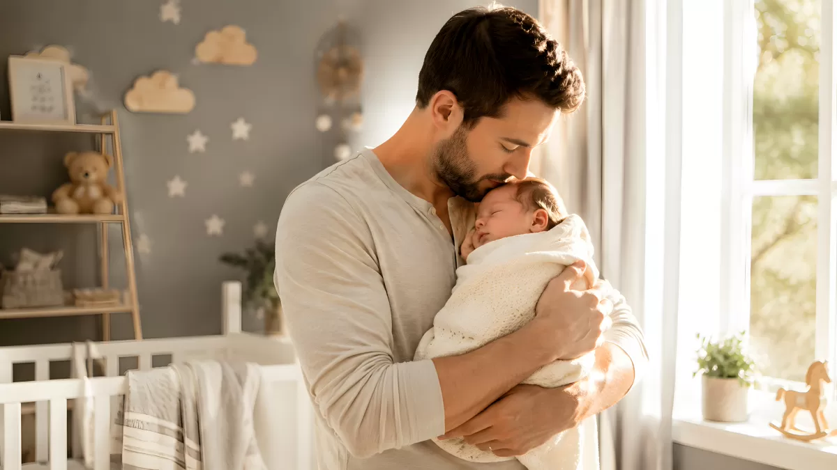 Vater hält schlafendes Neugeborenes im Kinderzimmer