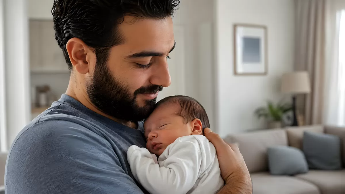 Vater hält schlafendes Neugeborenes zärtlich im Arm