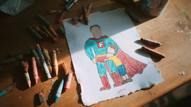 Vater-Kind-Superheld in bunter Kinderzeichnung