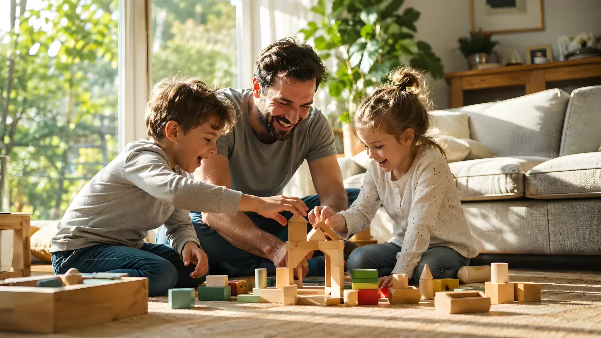 Vater spielt mit Kindern auf dem Boden mit Holzklötzen