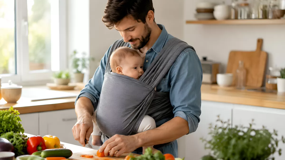Vater trägt Baby im Tragetuch beim Kochen
