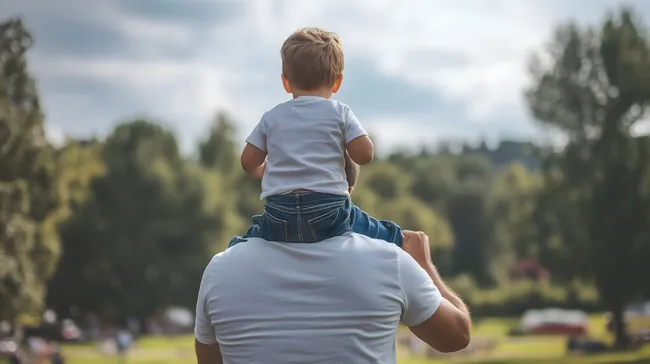 Vater trägt Sohn auf den Schultern durch grüne Landschaft