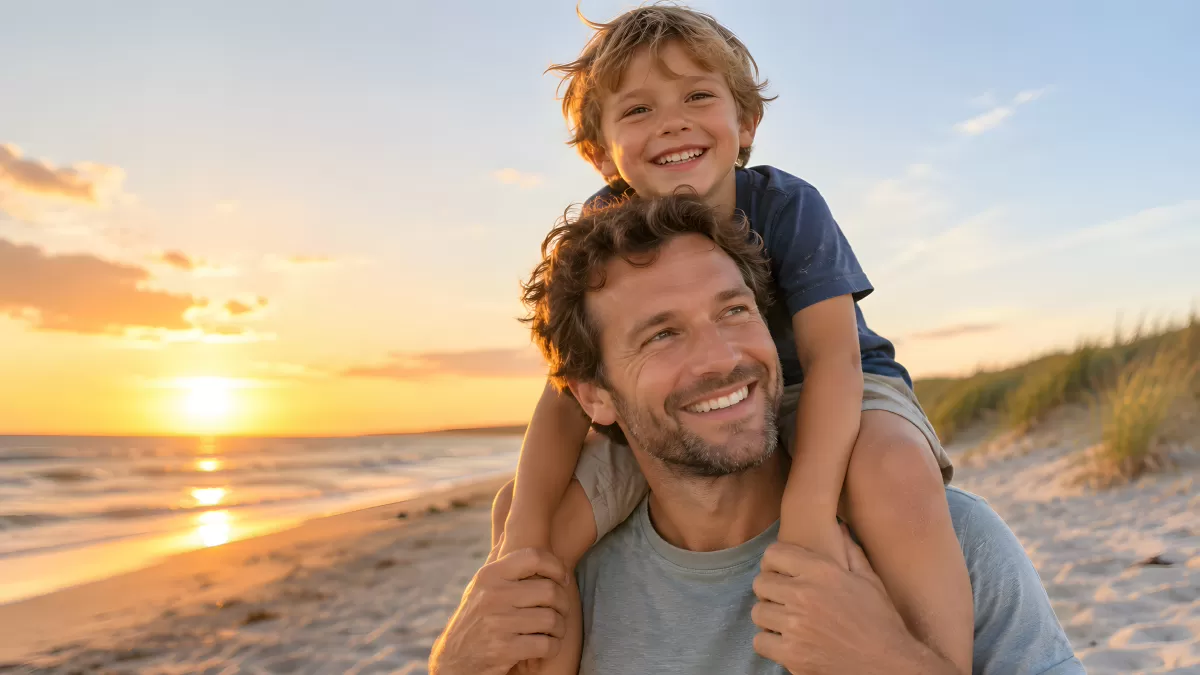 Vater trägt Sohn auf Schultern am Strand bei Sonnenuntergang