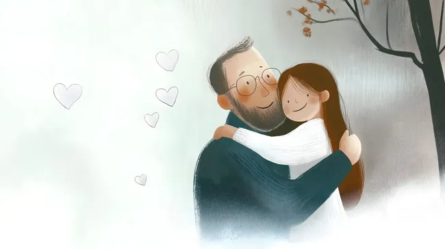 Vater umarmt glückliche Tochter im Herbst